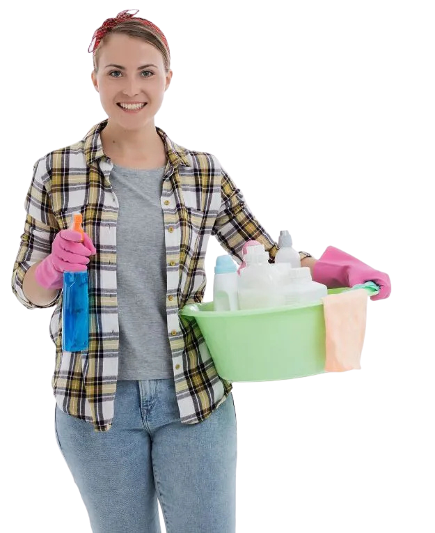 A house cleaning pointing a spray bottle forward while confidently holding a cleaning materials.