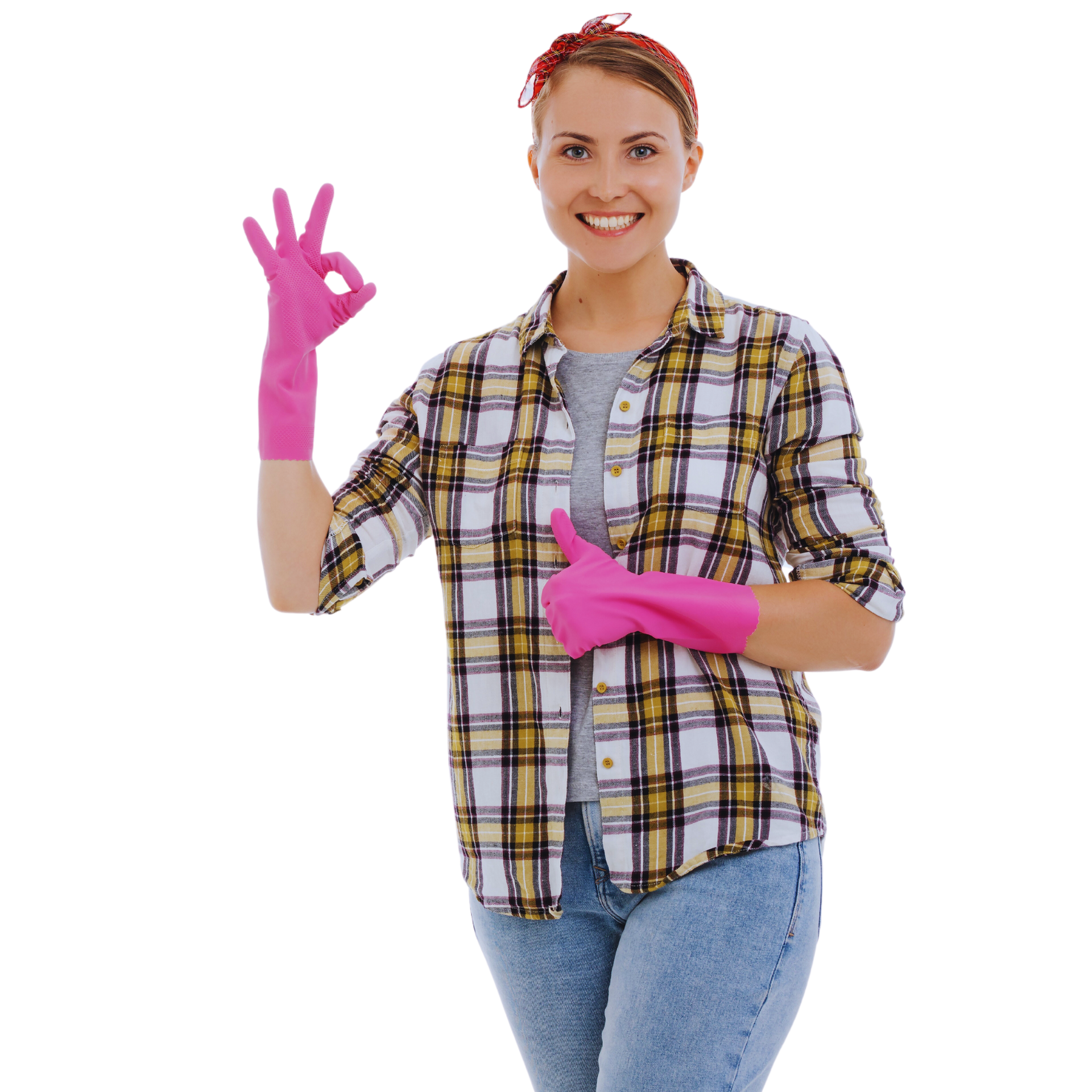 A female house cleaner expressing approval with an 'OK' gesture and thumbs-up.