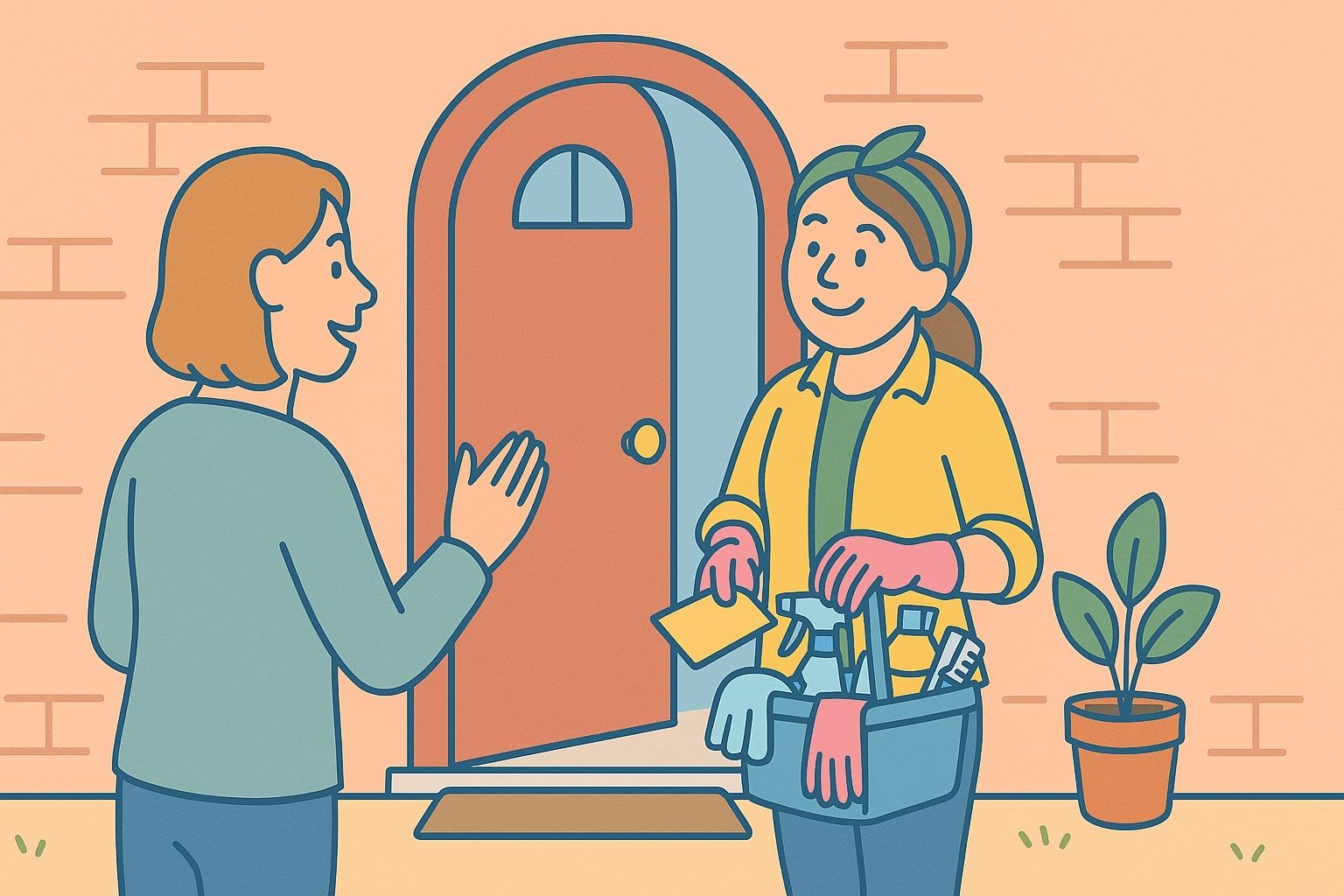 Woman welcomes cleaner holding cleaning supplies at a front door.