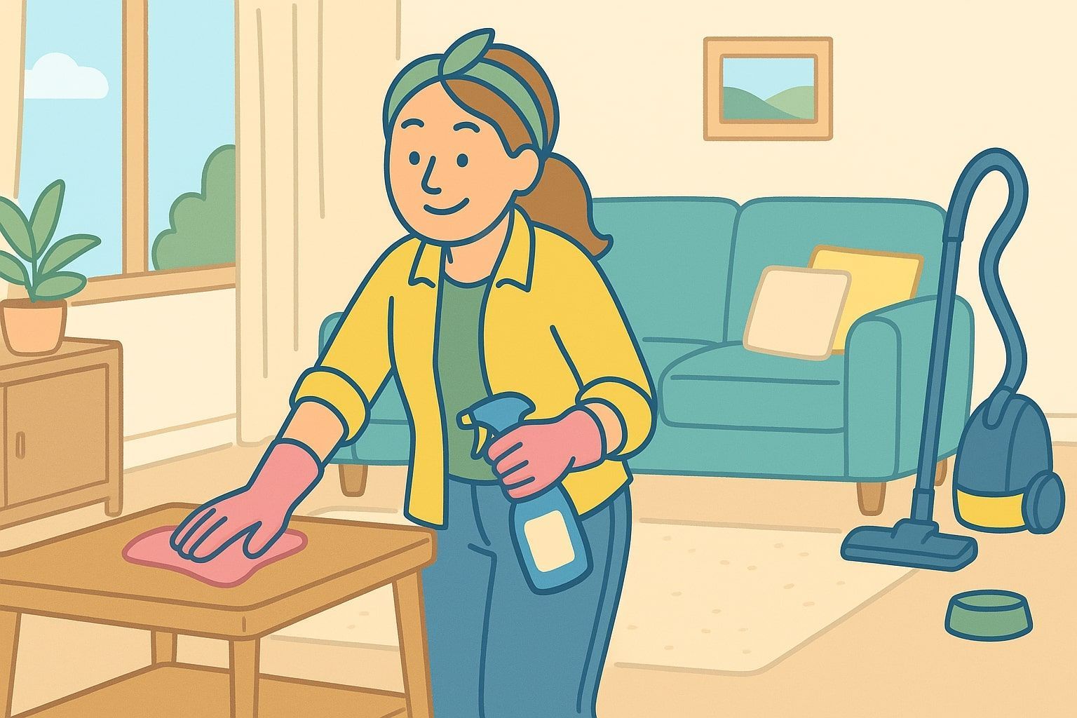 Woman wiping a table in a living room, wearing gloves and holding a spray bottle.