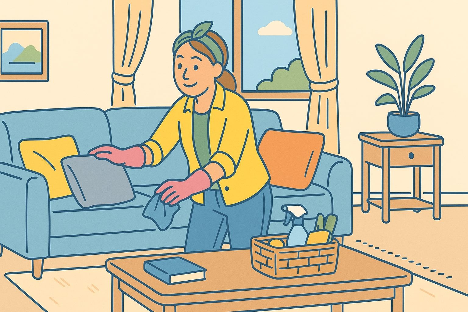 Woman cleaning a living room. She is wiping a pillow with a cloth.
