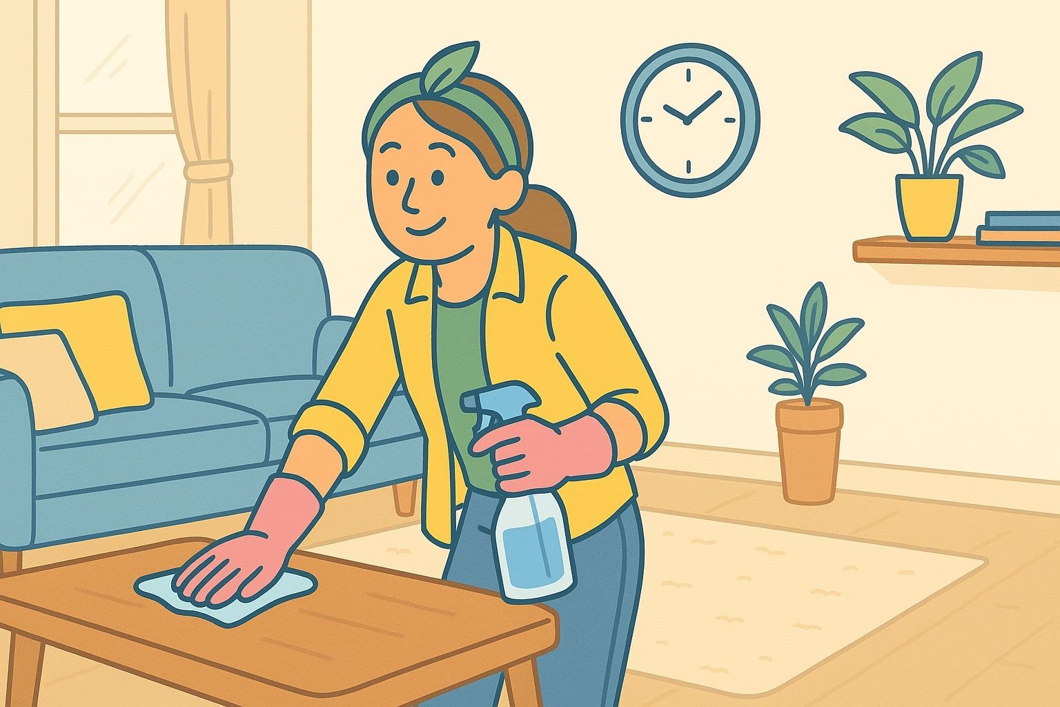 Woman cleaning a coffee table with spray bottle and cloth in a living room.