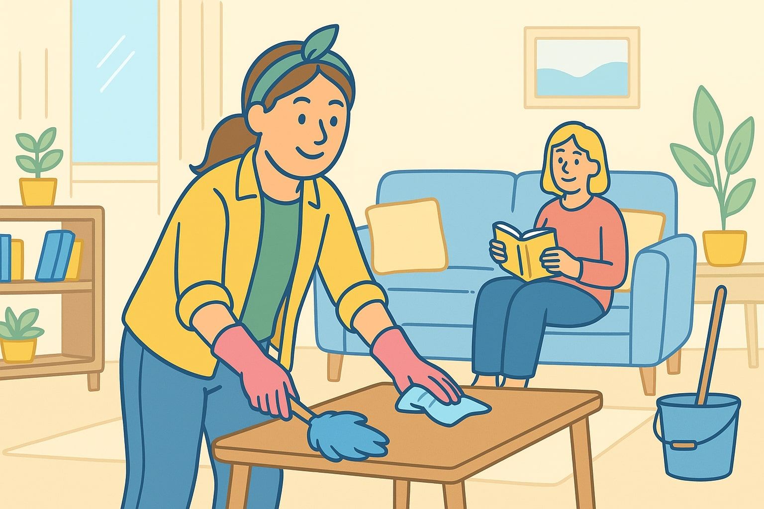 Woman dusting a table while another reads on a blue sofa in a living room.