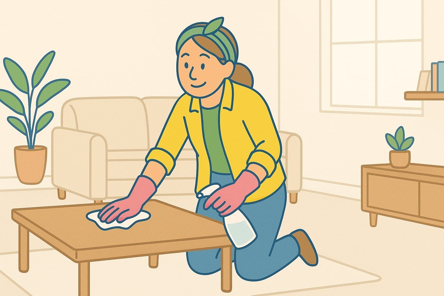 Woman cleaning a wooden coffee table in a living room, wearing gloves and using a spray bottle.