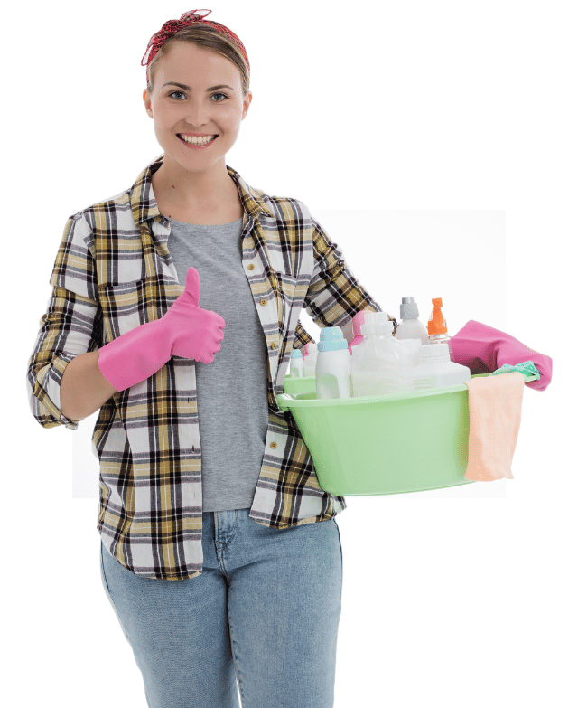 House cleaner giving a thumbs-up gesture while confidently holding a cleaning materials.