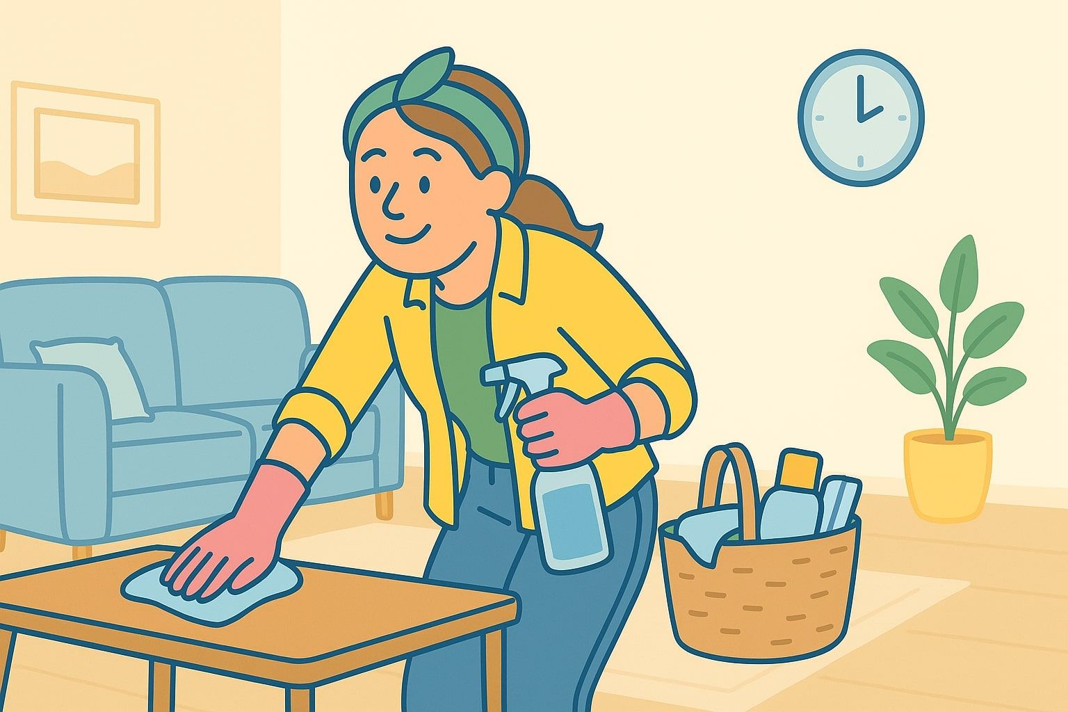Woman cleaning a table in a living room; wearing gloves, using a spray bottle. A basket of cleaning supplies is nearby.