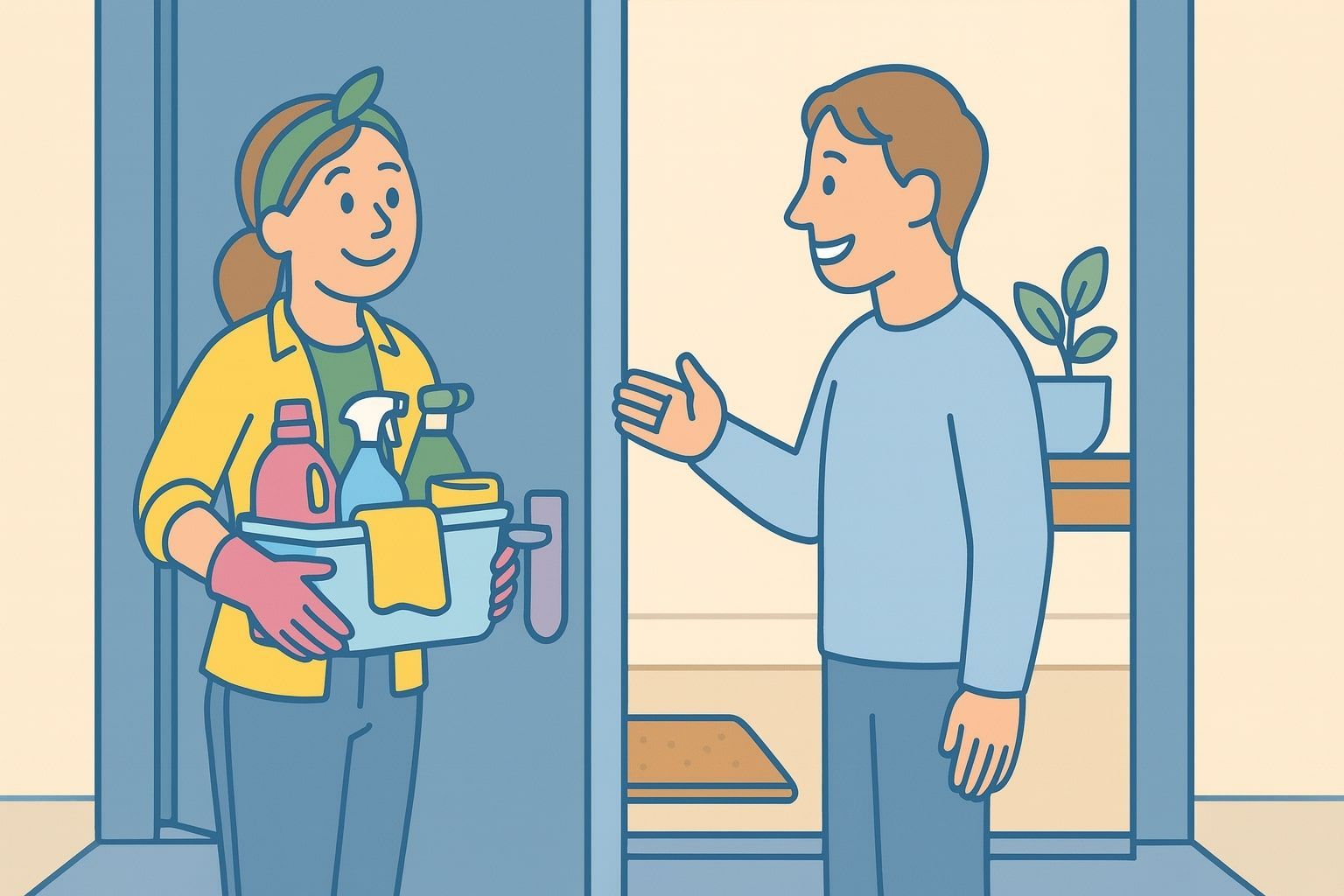 Woman with cleaning supplies greets man at doorway.