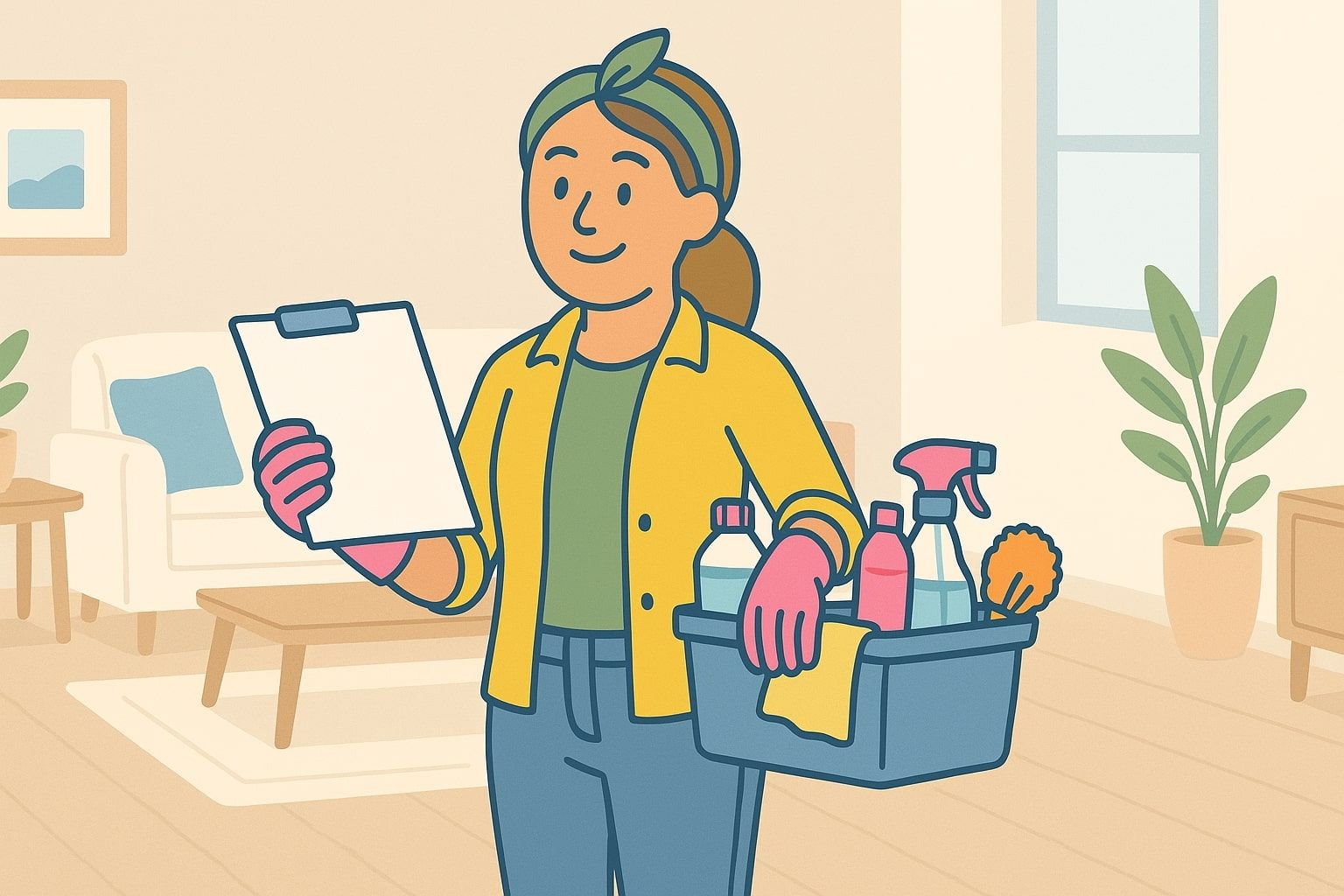 Woman holding a checklist and cleaning supplies in a living room, smiling.