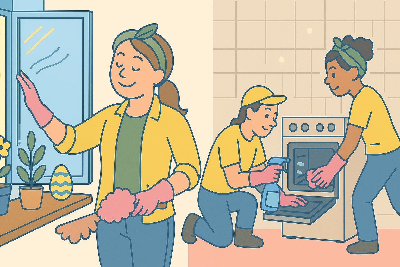 People cleaning: one dusting a window, two cleaning an oven.