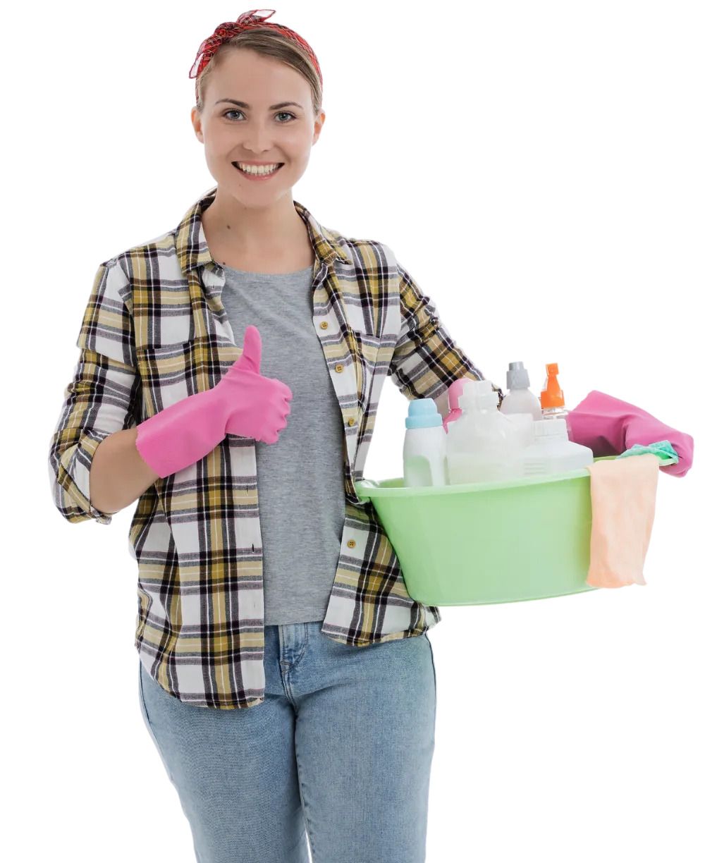 House cleaner giving a thumbs-up gesture while confidently holding a cleaning materials.