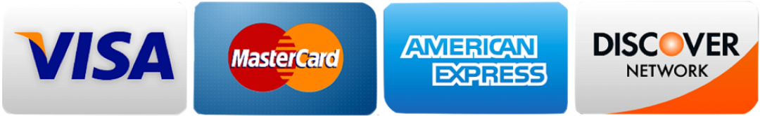 Logos of payment methods: Visa, Mastercard, American Express, and Discover.