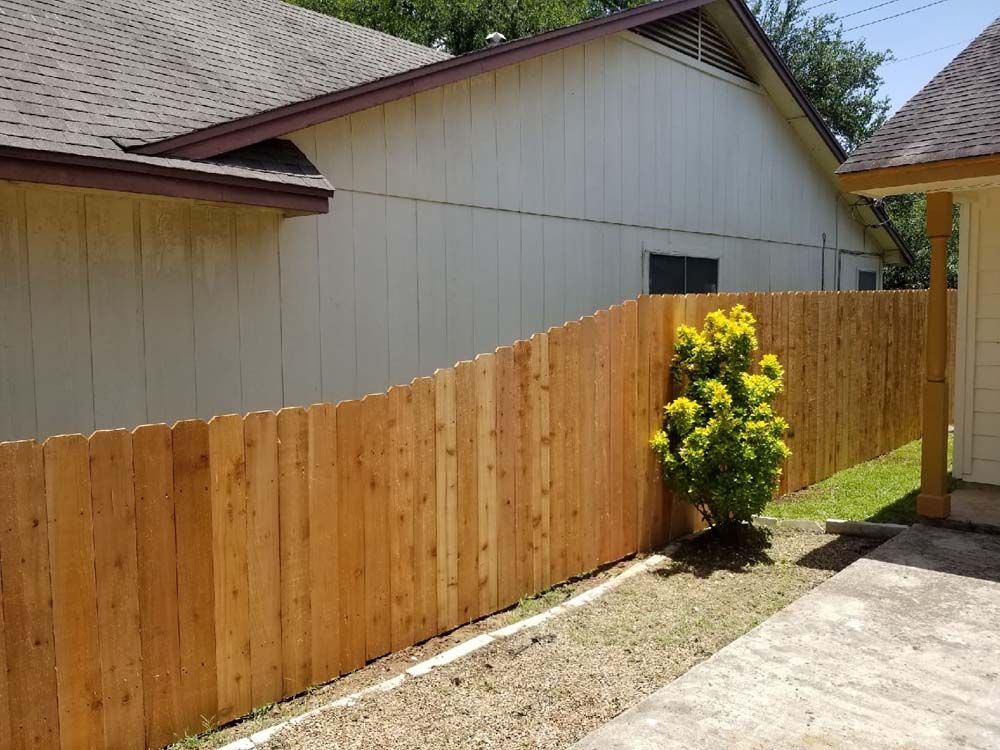 Wooden fence curves around a small tree next to a cream-colored house.