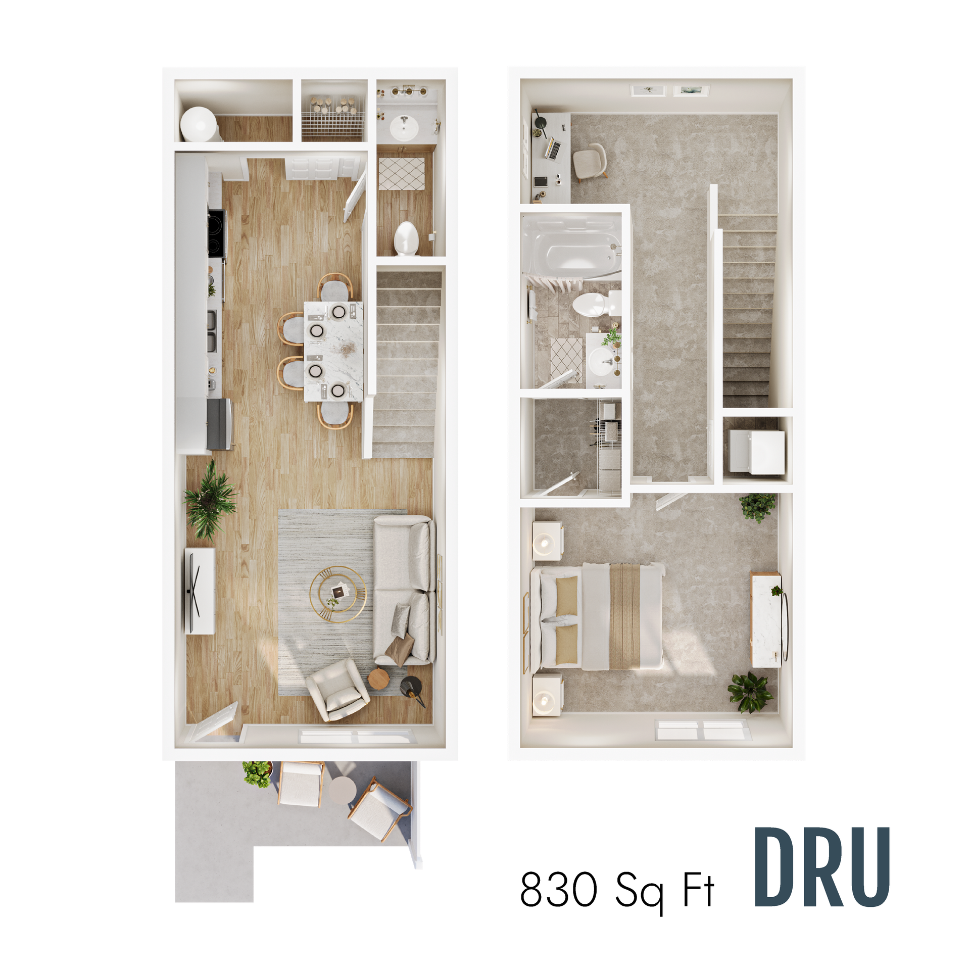 Dru floor plan with 830 square feet
