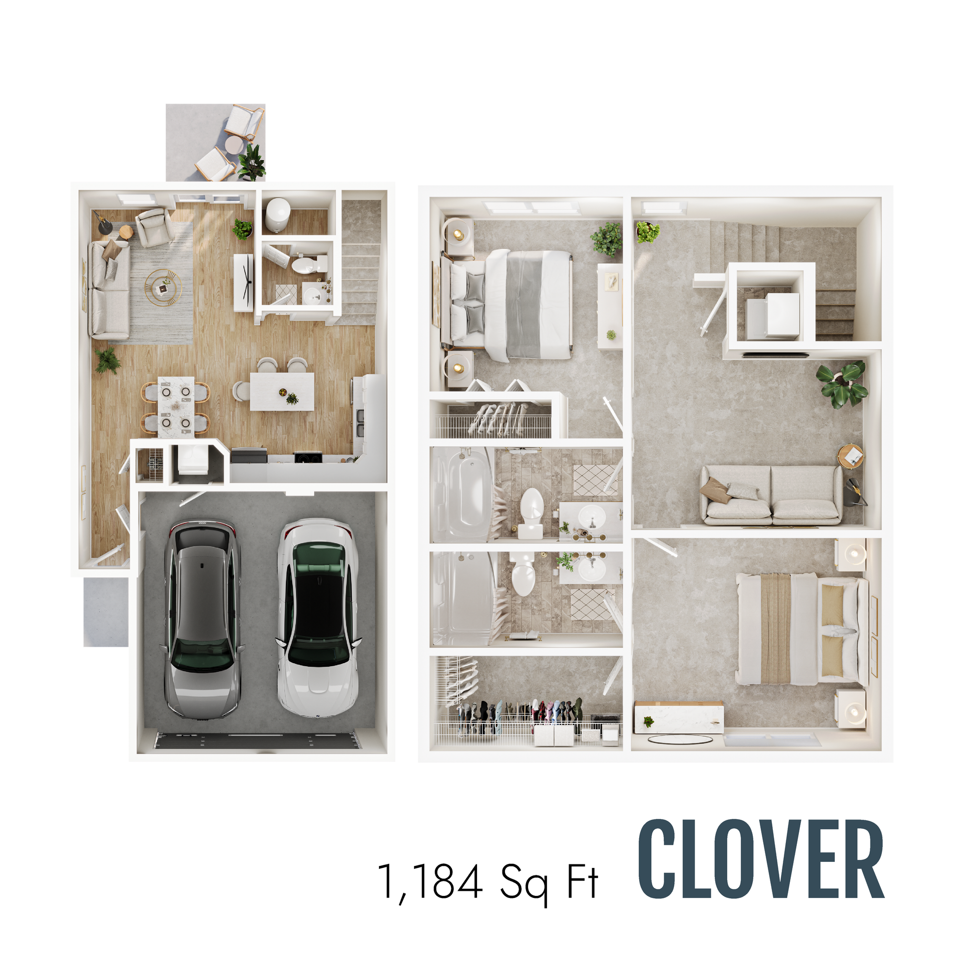 Clover floor plan with 1,184 square feet
