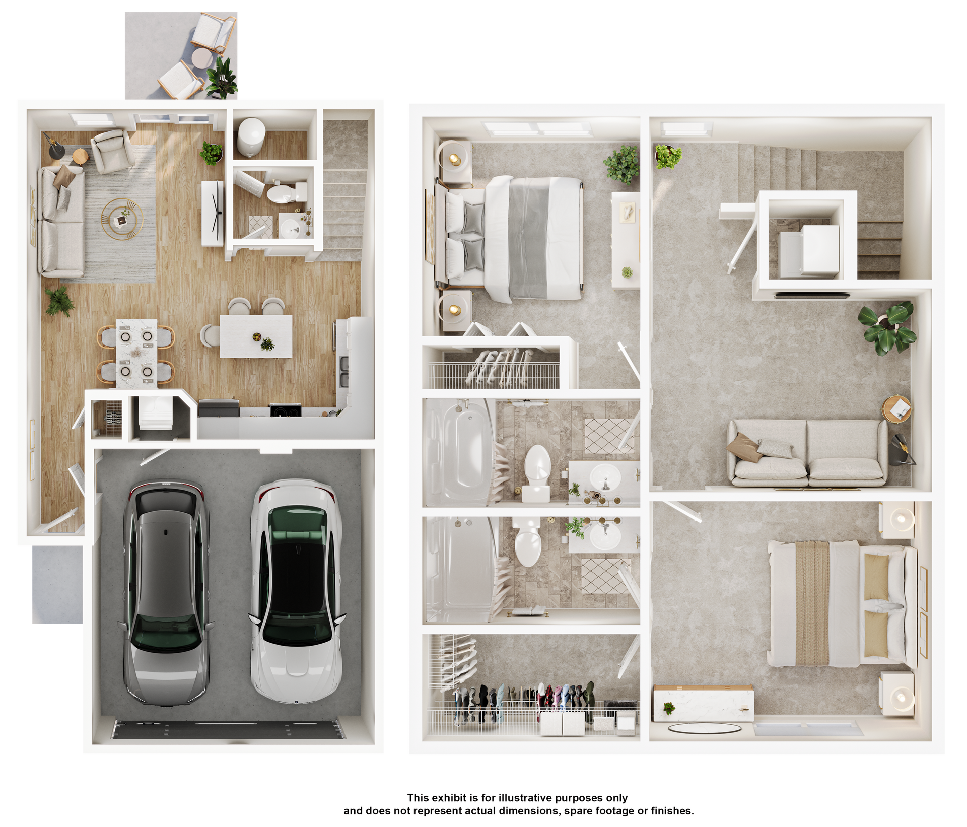 A 3d floor plan of a house with a car in the garage.