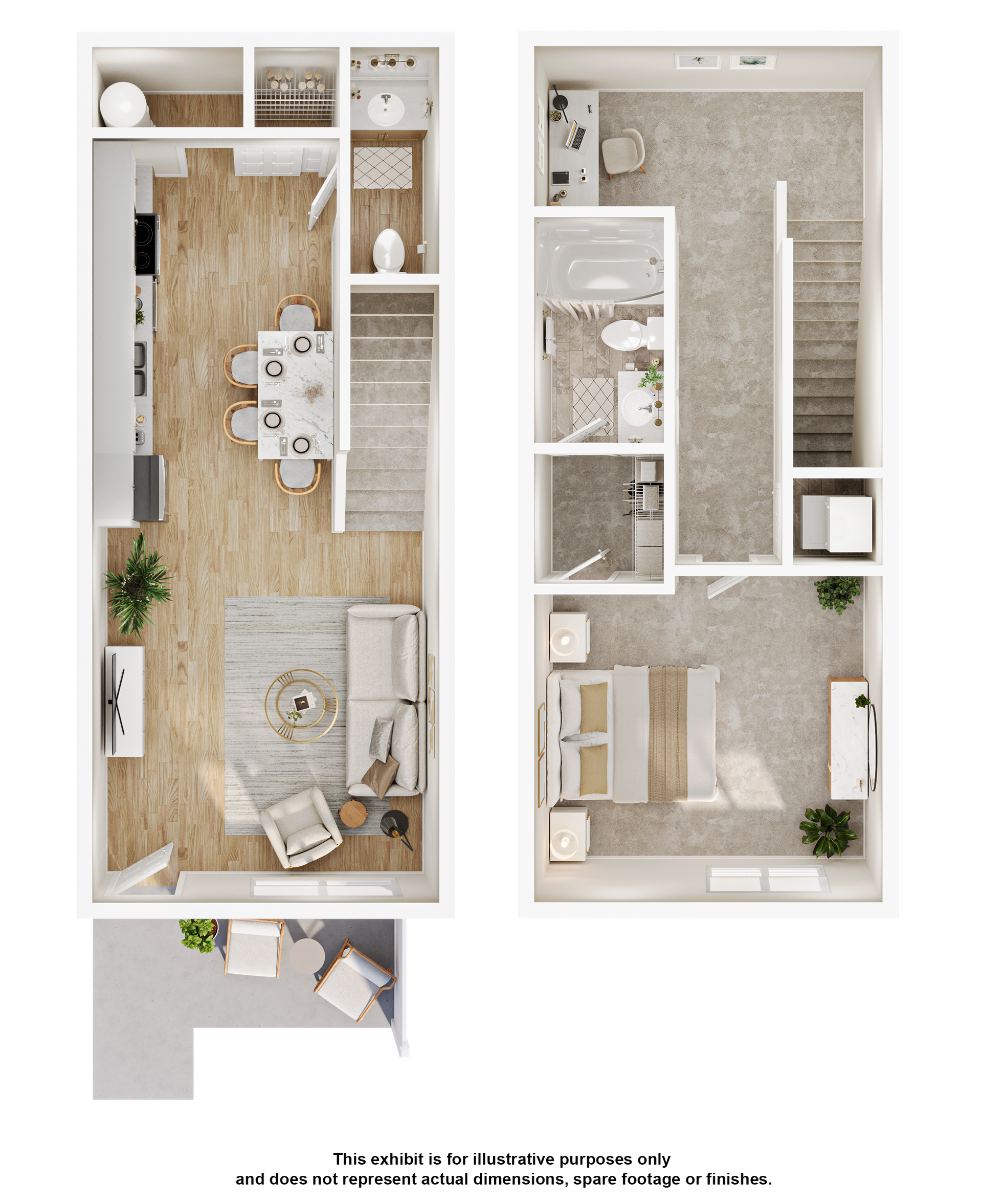 A 3d floor plan of a house with a living room , dining room , and bedroom.