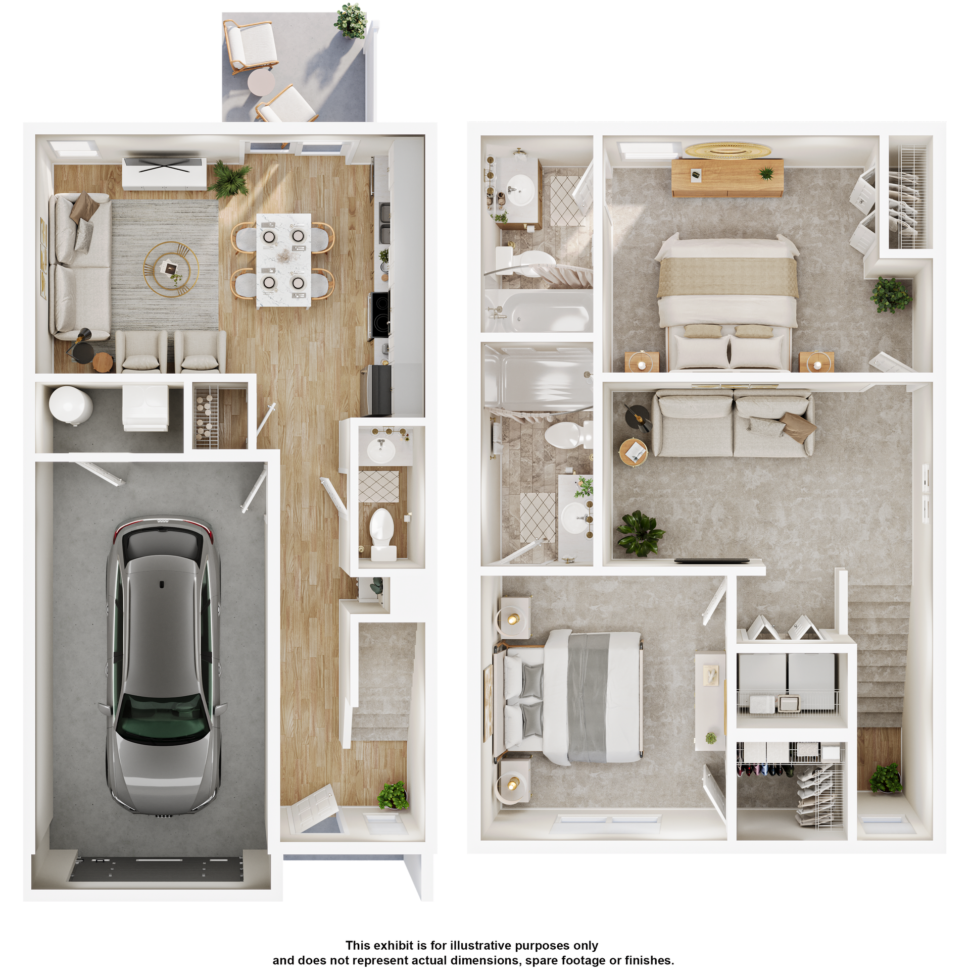 A floor plan of a house with a car in the garage.