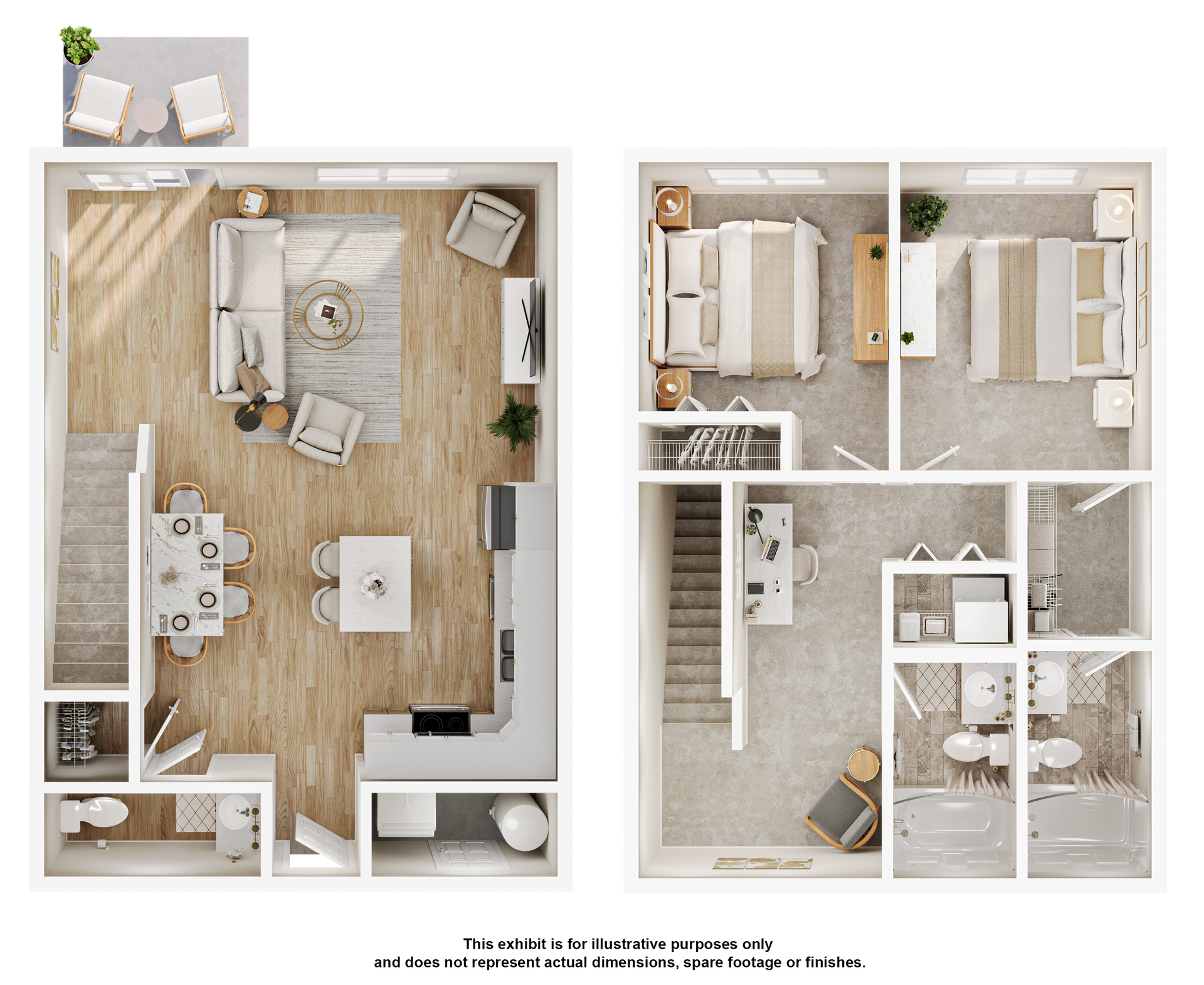 A 3d floor plan of a house with a living room , dining room , and bedroom.