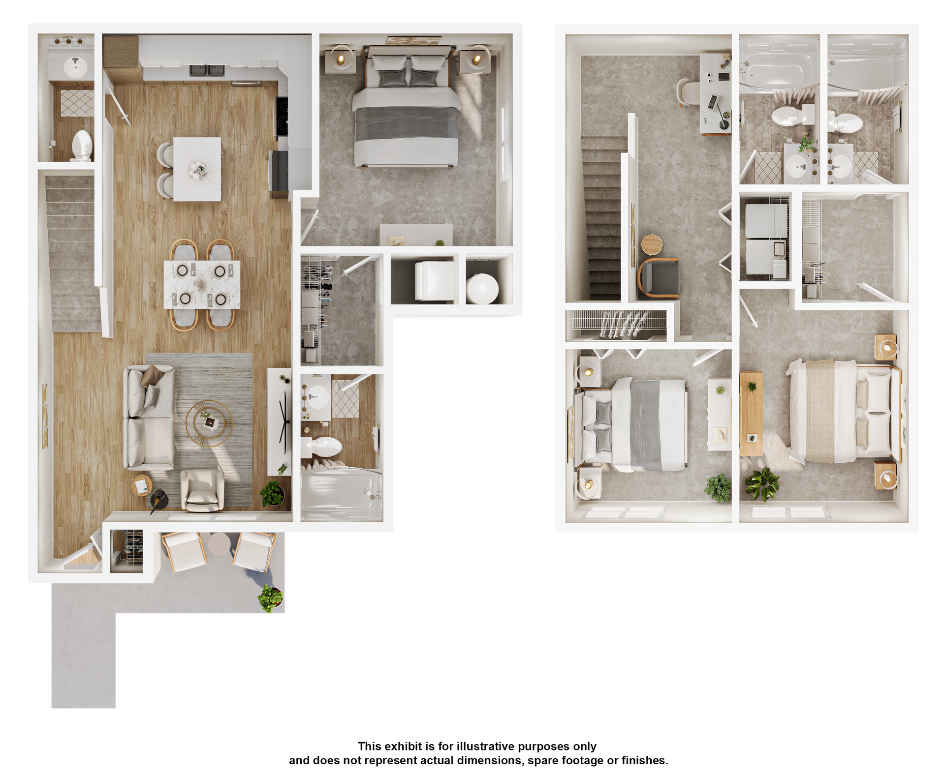 A 3d floor plan of a house with a bedroom , living room , dining room , and bathroom.