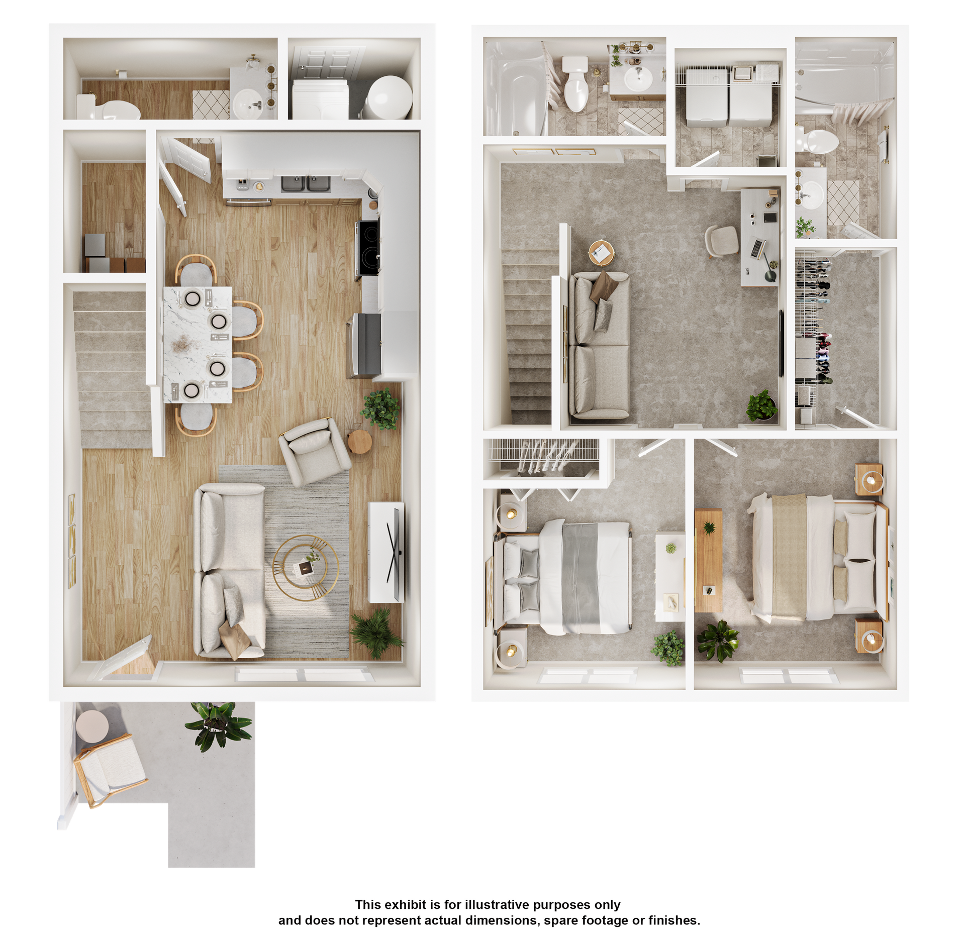 A 3d floor plan of a house with a living room , dining room , and kitchen.