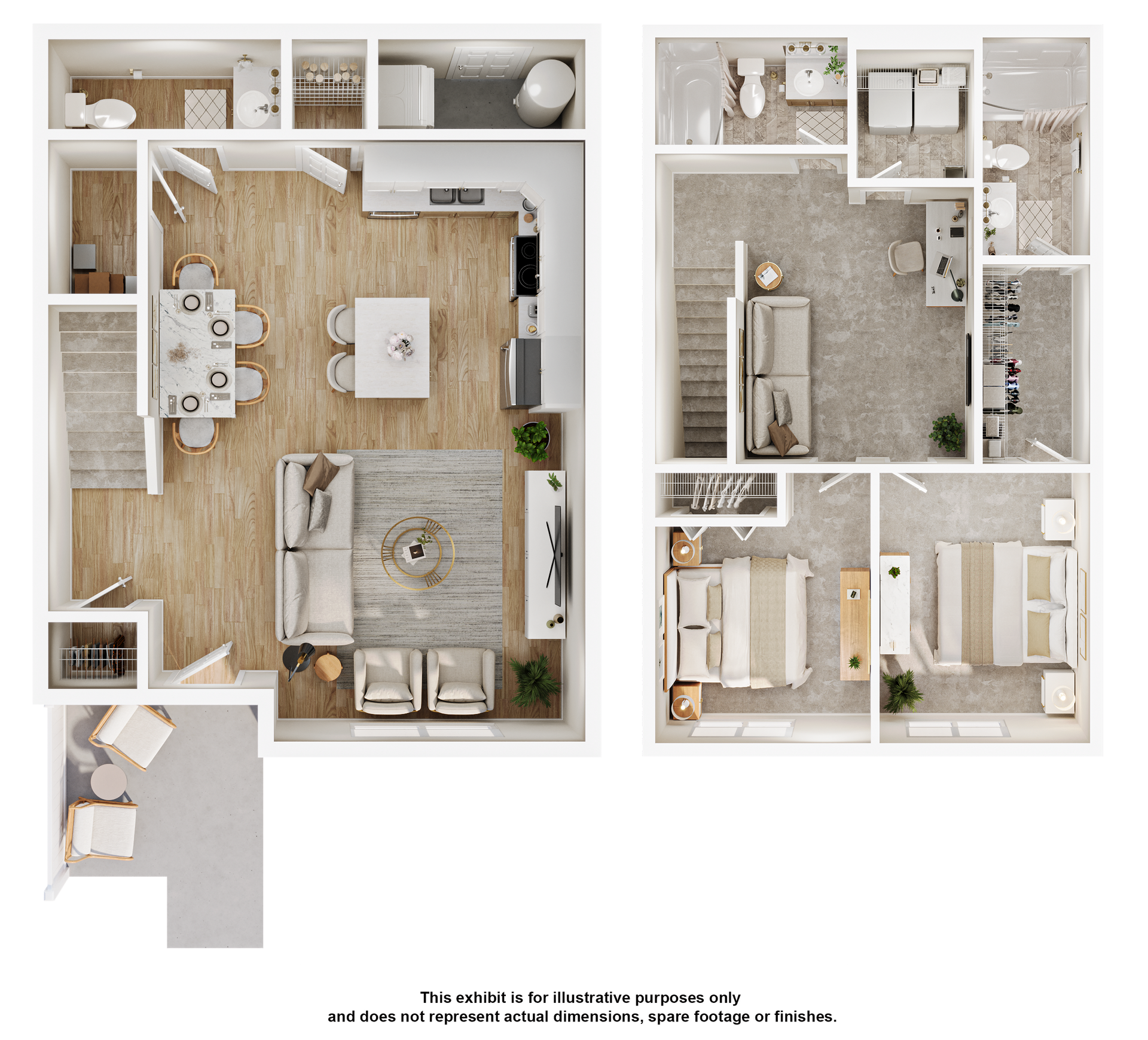 A 3d floor plan of a house with a living room , dining room , and kitchen.