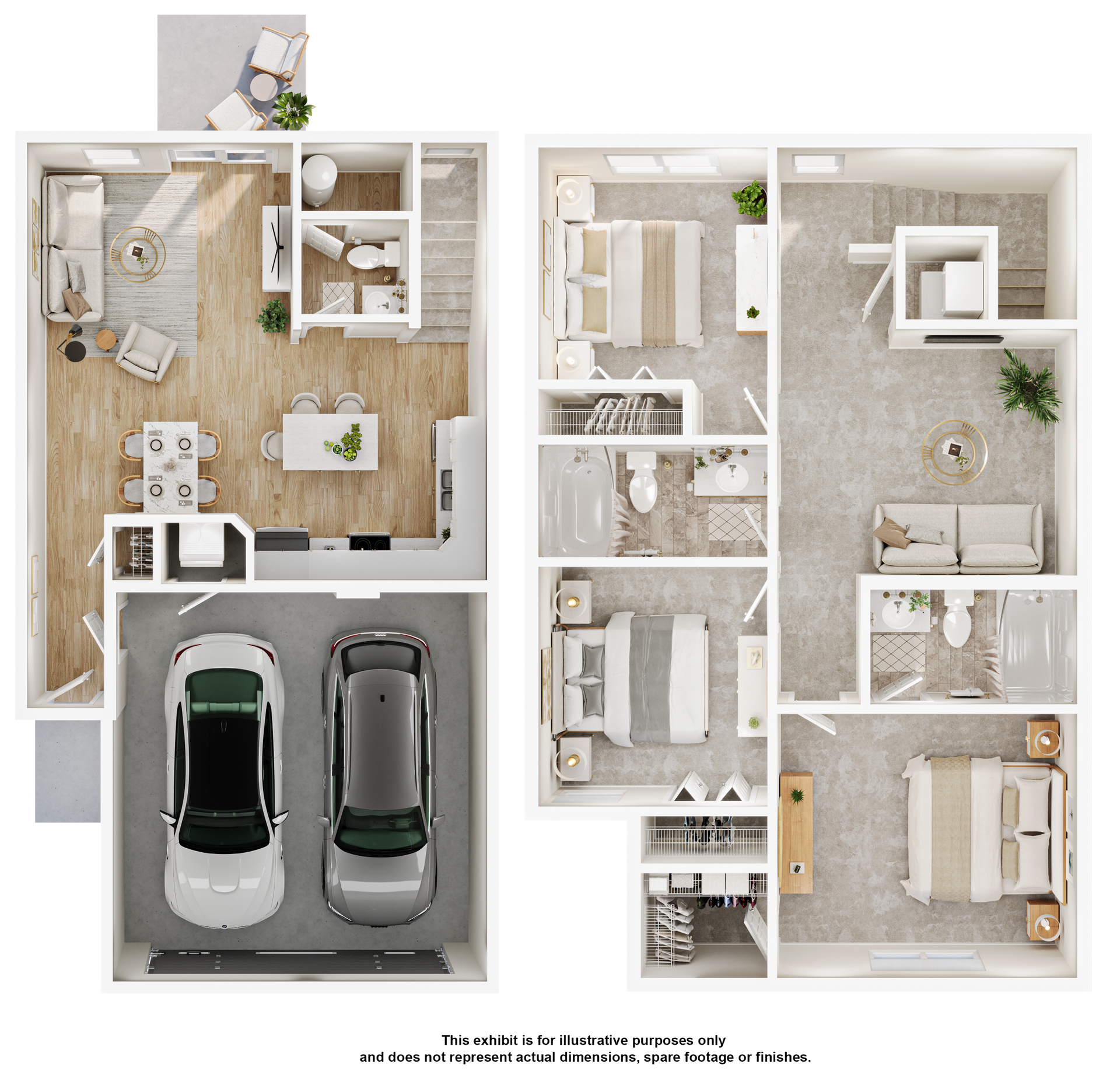 A floor plan of a house with two cars in the garage.