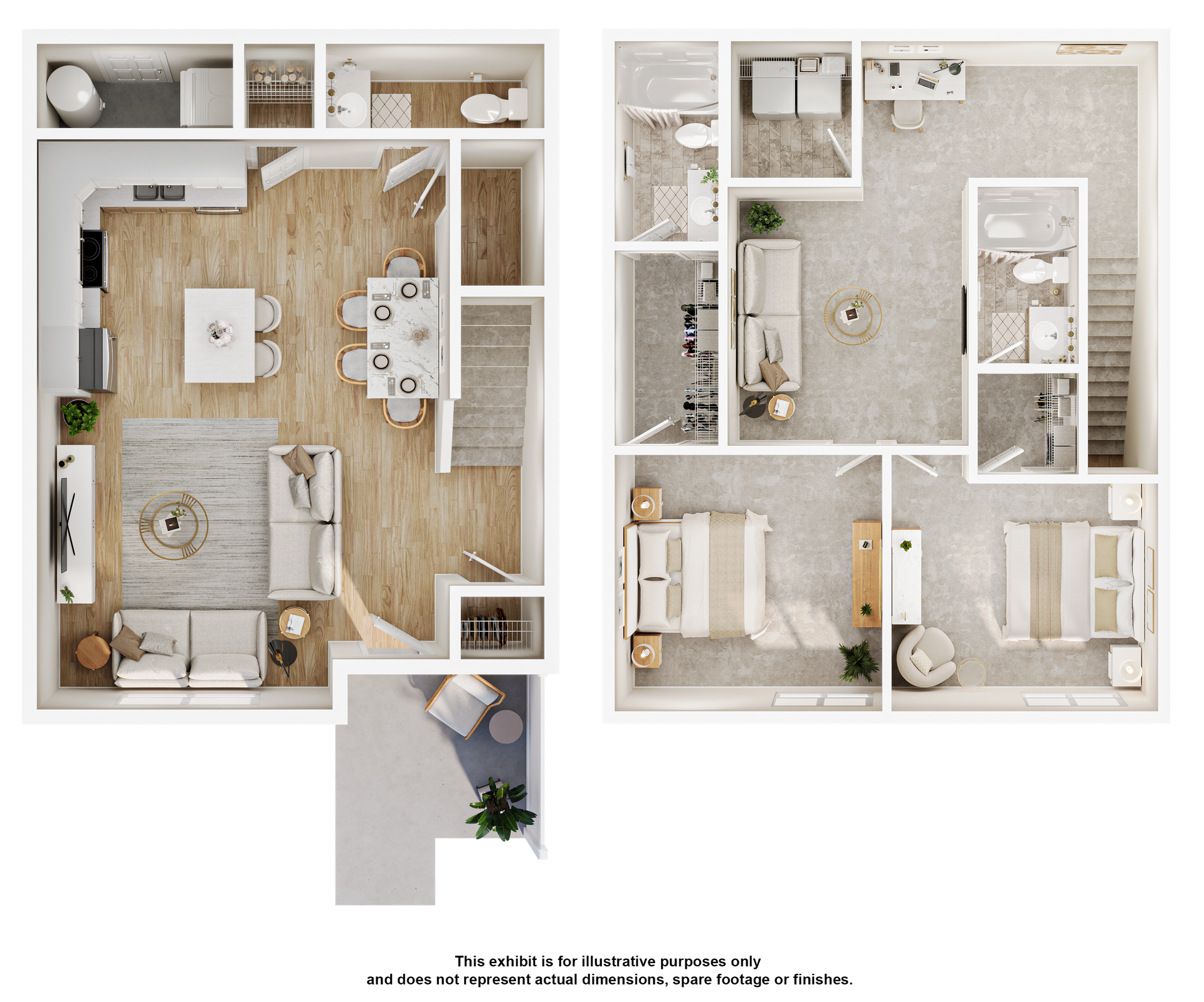 A 3d floor plan of a house with a living room , dining room , and bedrooms.