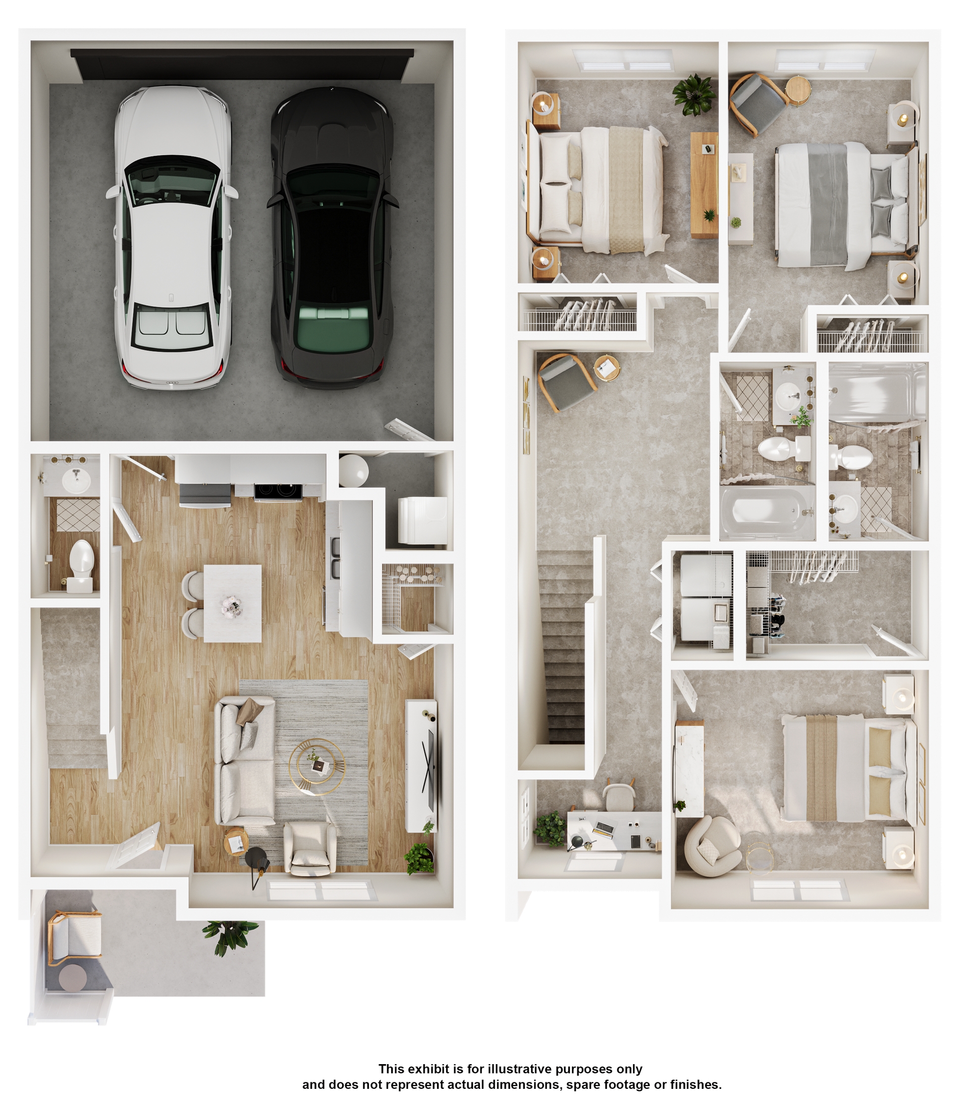 A 3d floor plan of a house with a car in the garage.