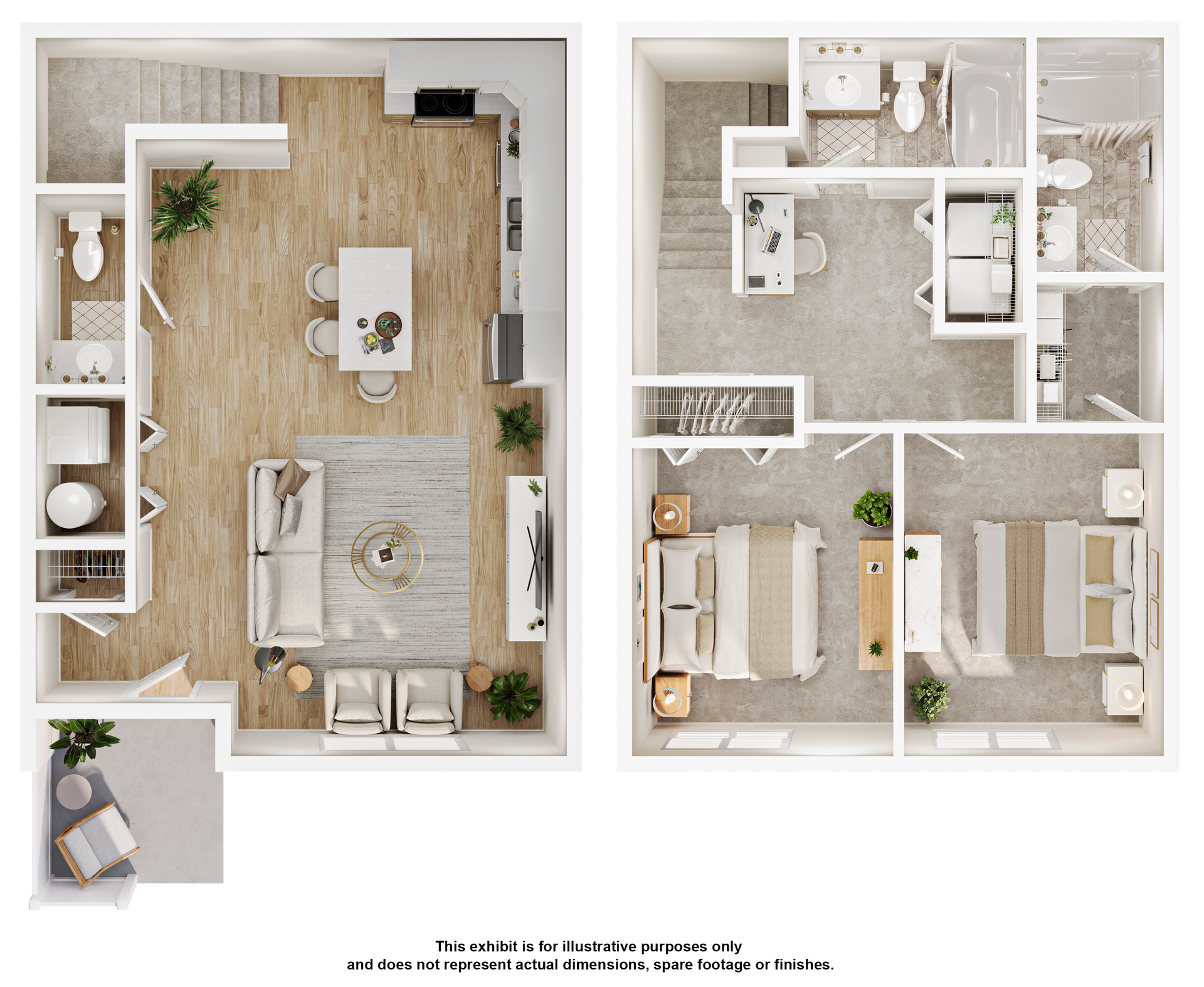 A 3d floor plan of a house with a living room , dining room , and kitchen.