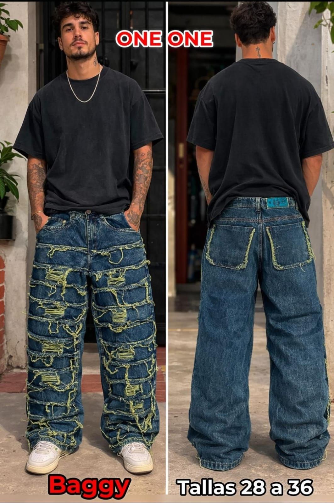 Modelo con camiseta negra y vaqueros azules holgados, vistas frontal y trasera con la palabra