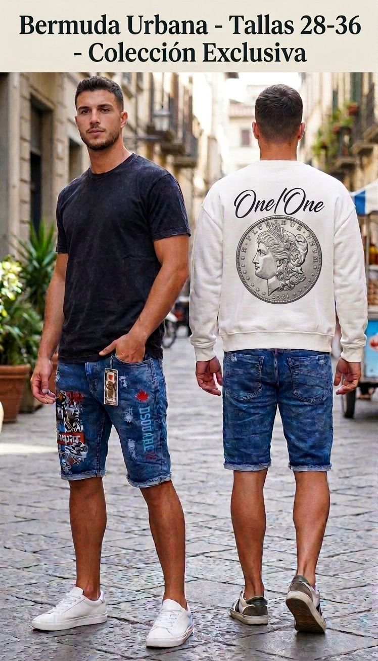 Dos hombres modelando atuendos informales: camiseta azul marino con pantalones cortos estampados y camiseta blanca