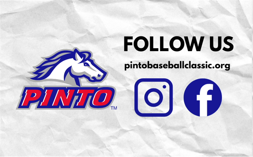 Pinto baseball logo with “Follow us,” website, Instagram and Facebook icons on a white background
