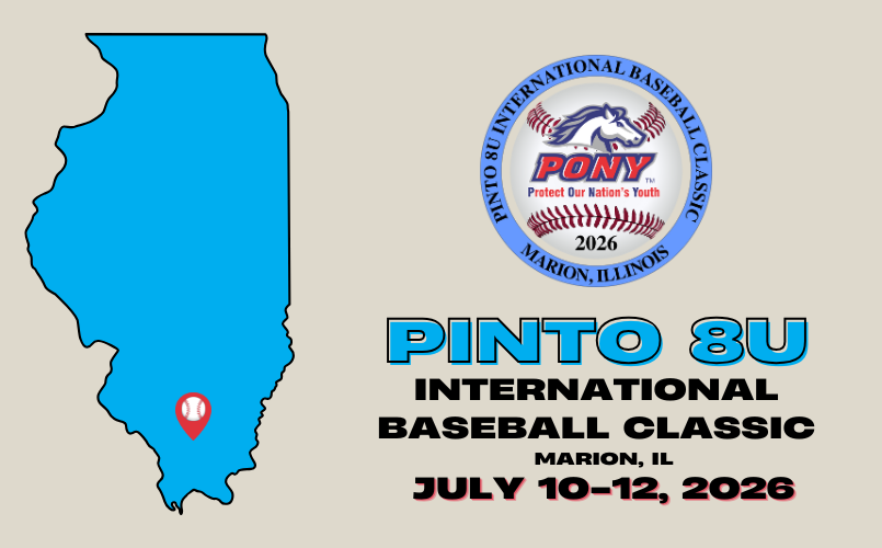Blue Illinois map with pin and PINTO 8U International Baseball Classic logo, March 10-12, 2026.