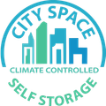 Logo for City Space self-storage: a blue circle with "CITY SPACE" at the top. Below are stylized buildings, and text that reads "CLIMATE CONTROLLED, SELF STORAGE".