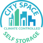 Logo for City Space self-storage: a blue circle with "CITY SPACE" at the top. Below are stylized buildings, and text that reads "CLIMATE CONTROLLED, SELF STORAGE".
