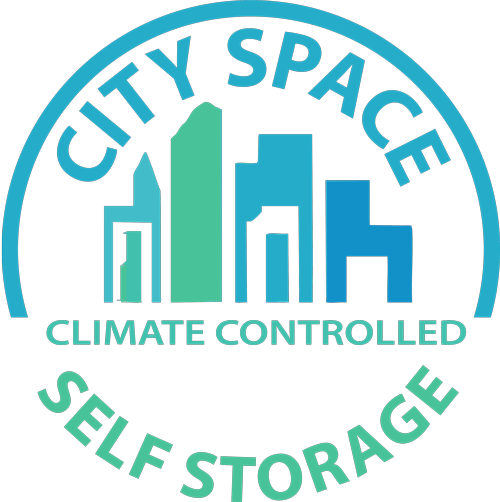 Logo for City Space self-storage: a blue circle with "CITY SPACE" at the top. Below are stylized buildings, and text that reads "CLIMATE CONTROLLED, SELF STORAGE".