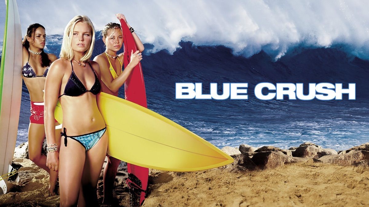 Four women in bikinis with surfboards, ocean in the background, text reads 