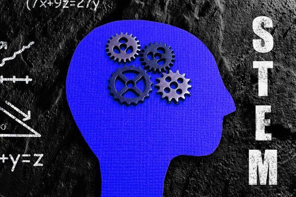 A blue silhouette of a head containing four gears, set against a dark background with white STEM-related math equations.