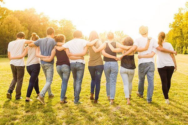A group of ten people walking arm-in-arm in a line across a grassy field under a bright, sunlit sky.