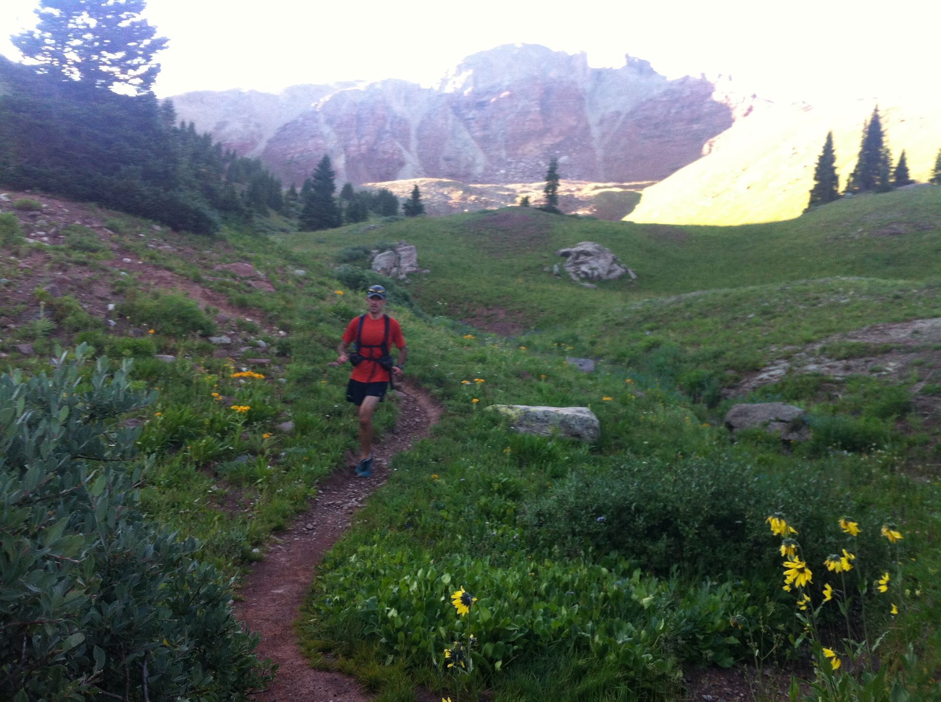Person running on a trail through a green meadow with mountains in the background.