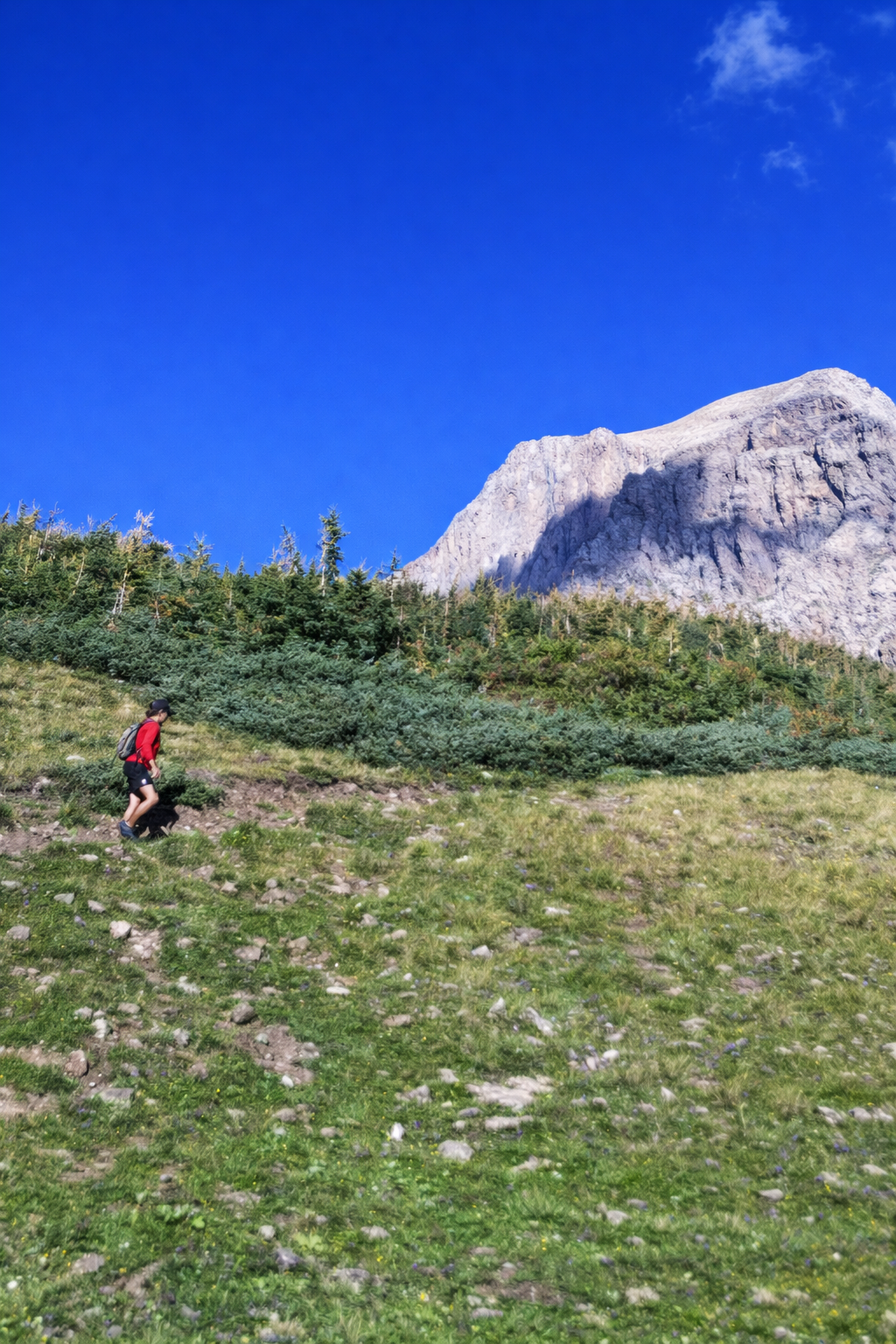 Person hiking on grassy slope toward mountain under blue sky.