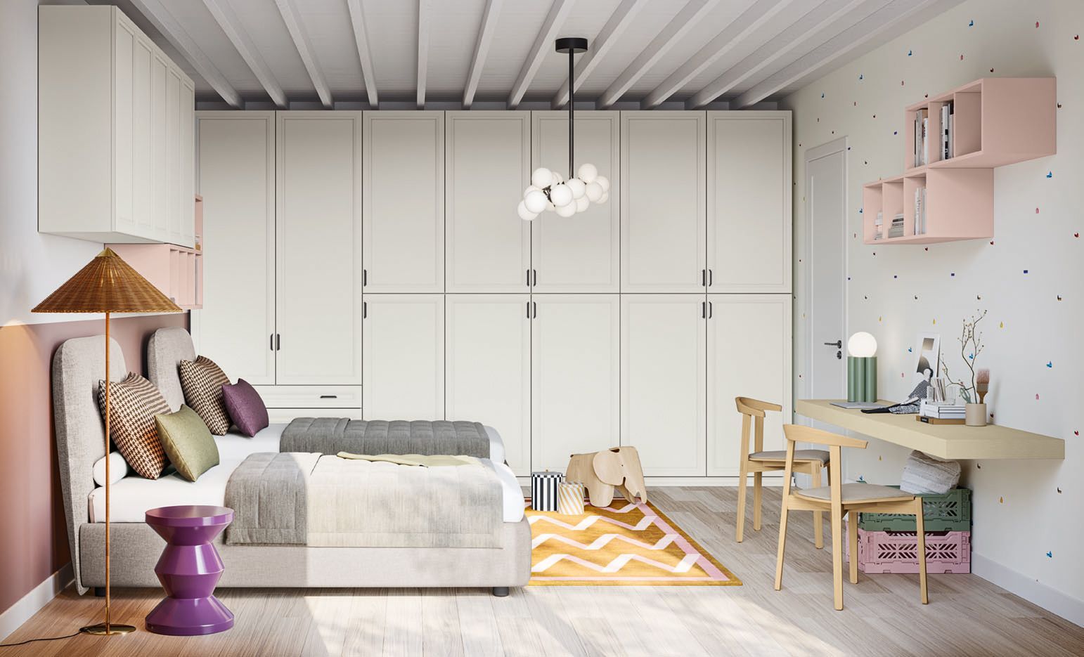 Camera da letto con letto, scrivania e armadi bianchi. Dettagli rosa e viola.