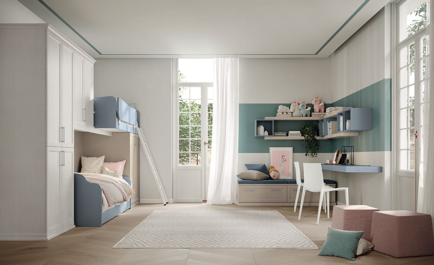 Una moderna cameretta per bambini nei toni del blu e del bianco, con letto a castello, scrivania e finestra con vista sul verde.