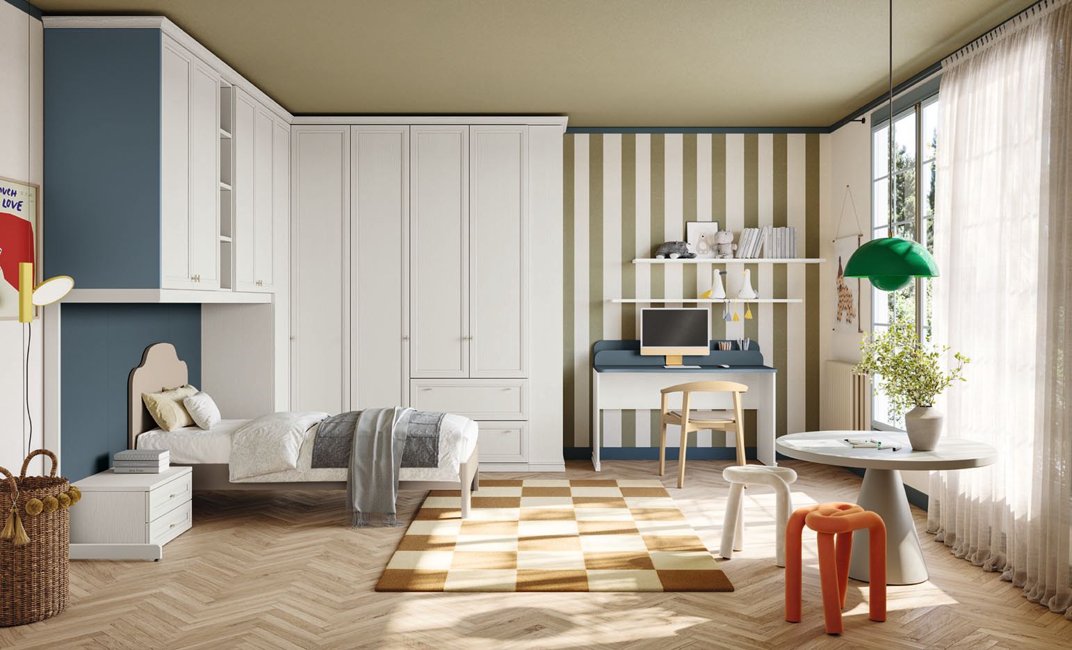 Cameretta per bambini con letto, scrivania, armadio e dettagli colorati come una lampada verde e uno sgabello arancione.