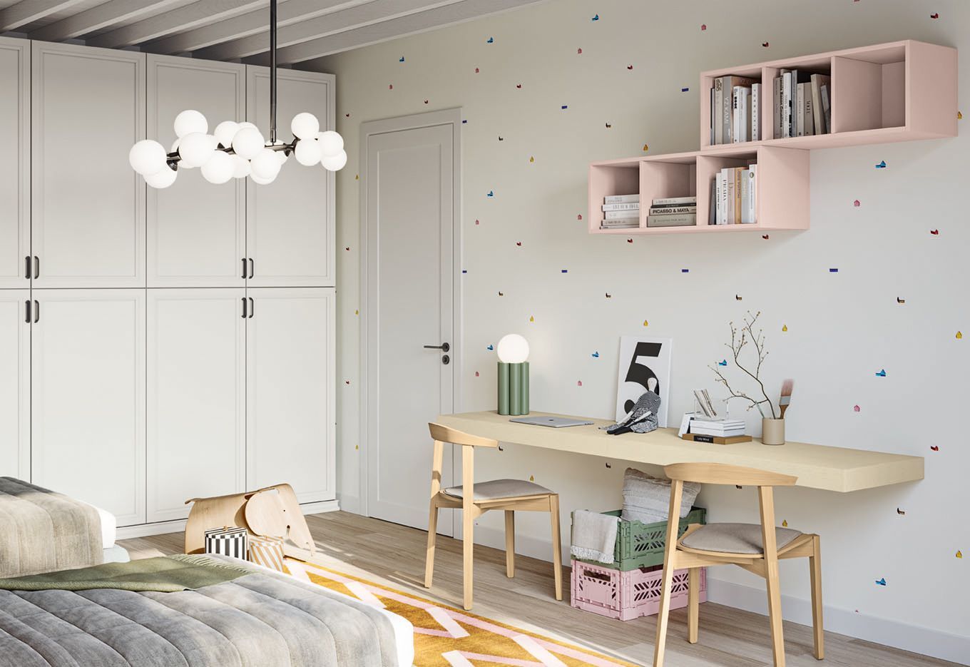 Camera da letto con scrivania, contenitori e mensole sospese. Tonalità del bianco e del legno chiaro con accenti colorati.