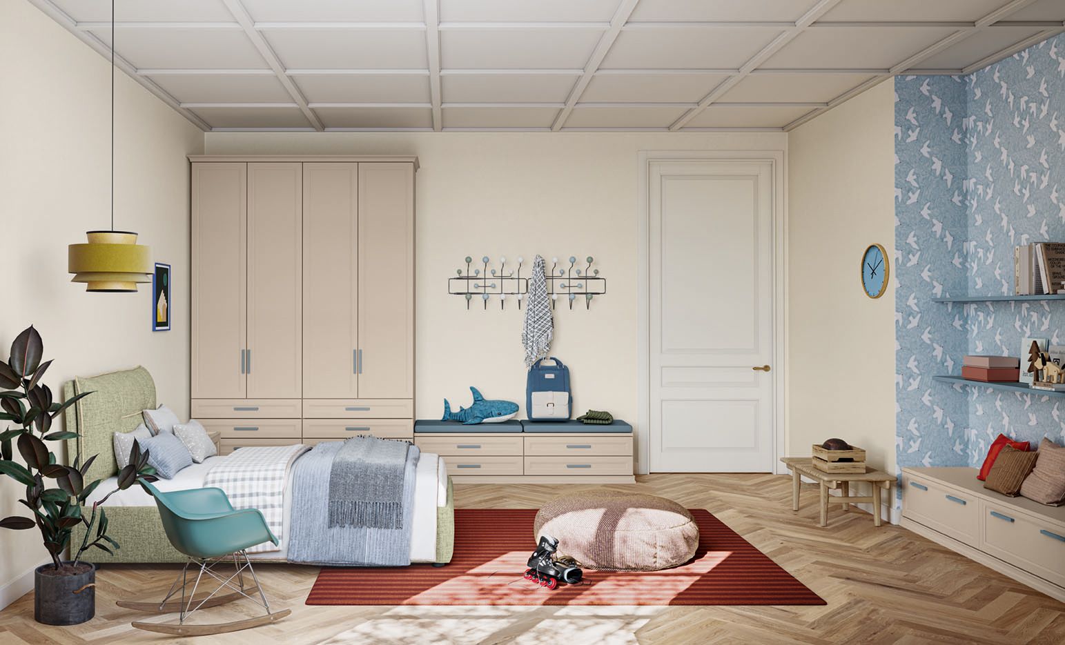 Cameretta per ragazzi con letto, armadio, carta da parati a fantasia e tappeto rosso.