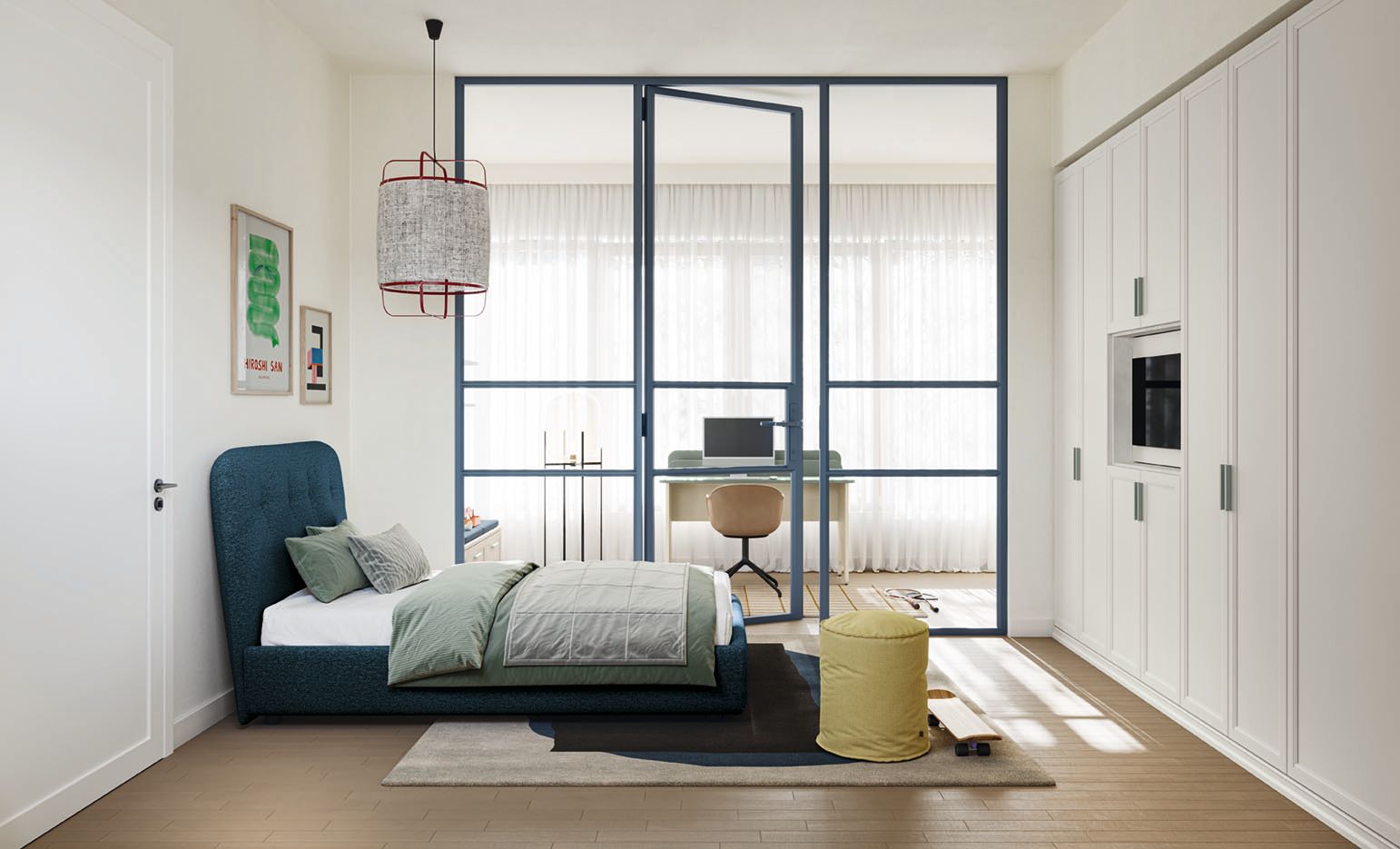 Camera da letto con letto, scrivania con pannelli in vetro, armadio e pouf giallo.