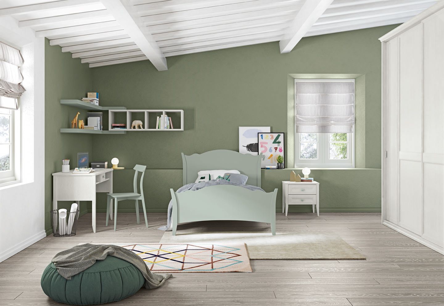 Camera da letto con pareti verdi, letto, scrivania e un pouf su pavimento in legno.