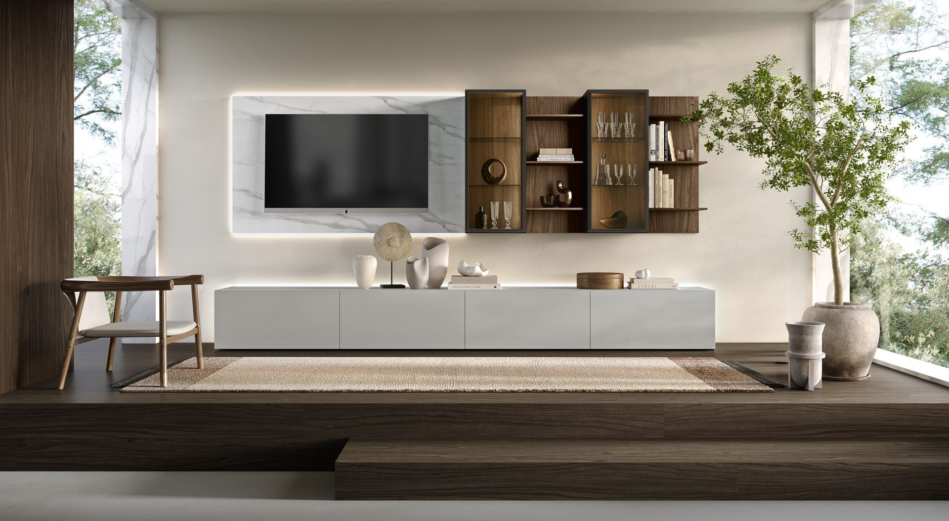 Soggiorno moderno con TV sospesa, mobili e una piattaforma rialzata con tappeto e pianta.