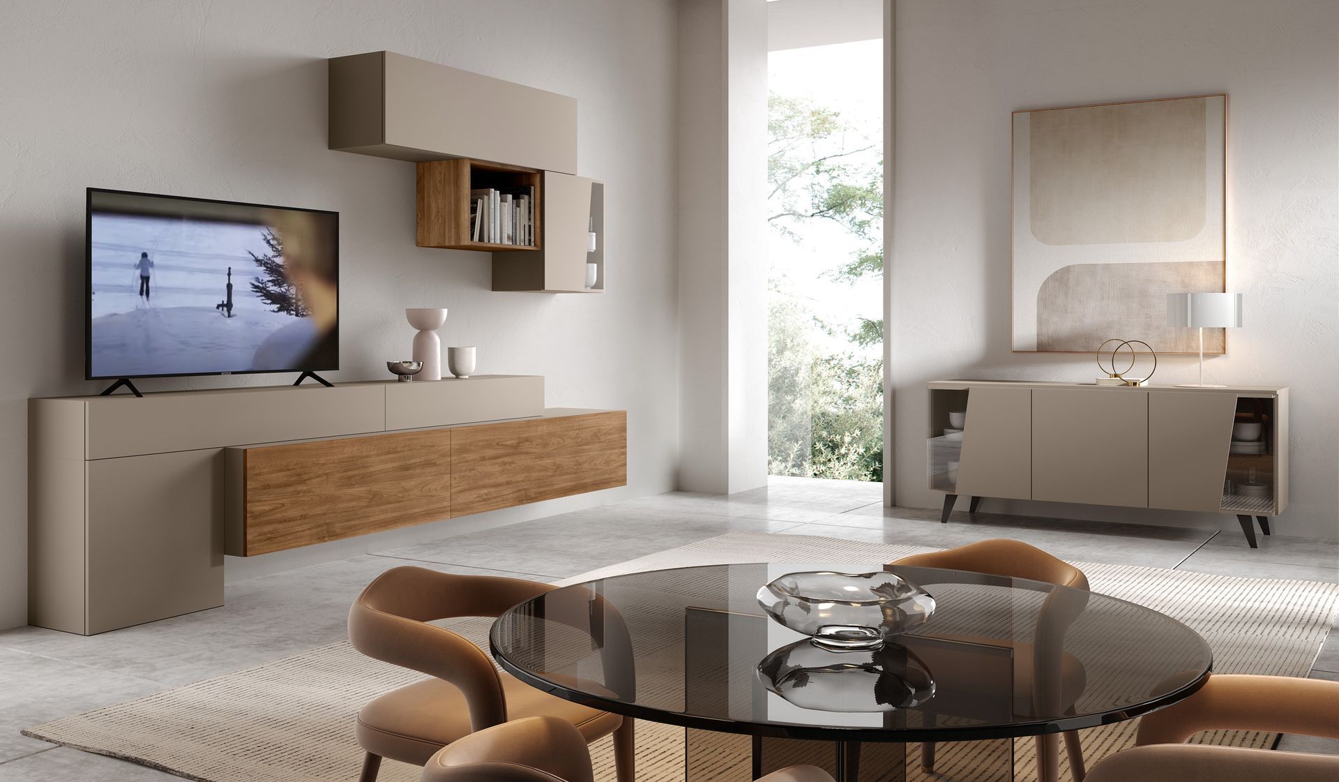 Soggiorno moderno con mobili color tortora, dettagli in legno, TV e tavolo da pranzo rotondo in vetro.